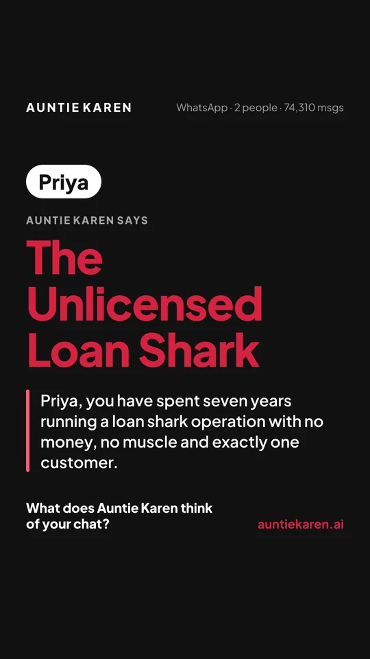 A dark member card for Priya, called The Unlicensed Loan Shark, with one line about her seven-year lending operation with one customer. Her best friend is not named.