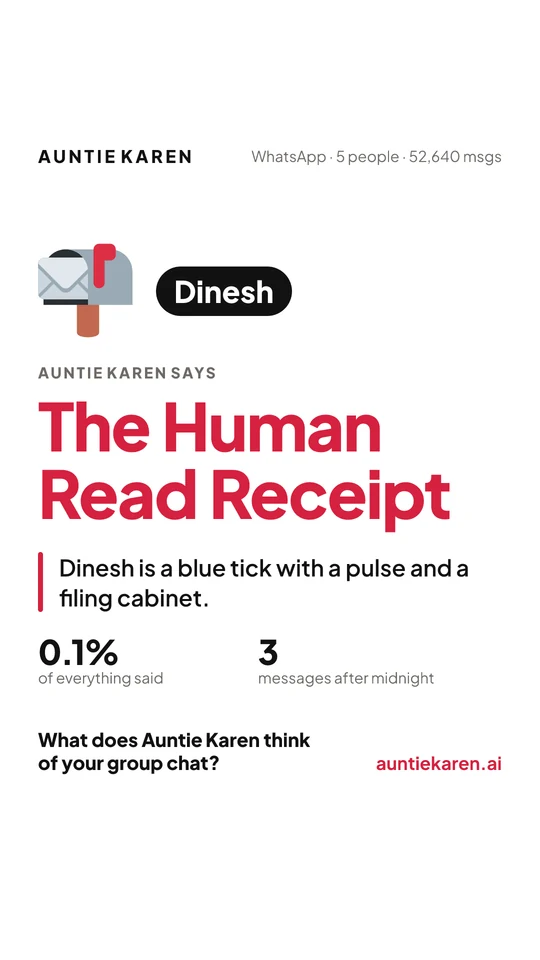 A light member card for Dinesh, called The Human Read Receipt, with one line about him.